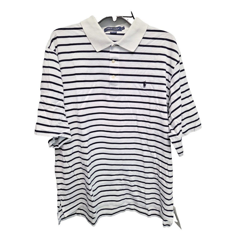 Ralph Lauren Polo Golf Mens XL White Navy Stripe Pima Cotton Chest Logo Shirt
